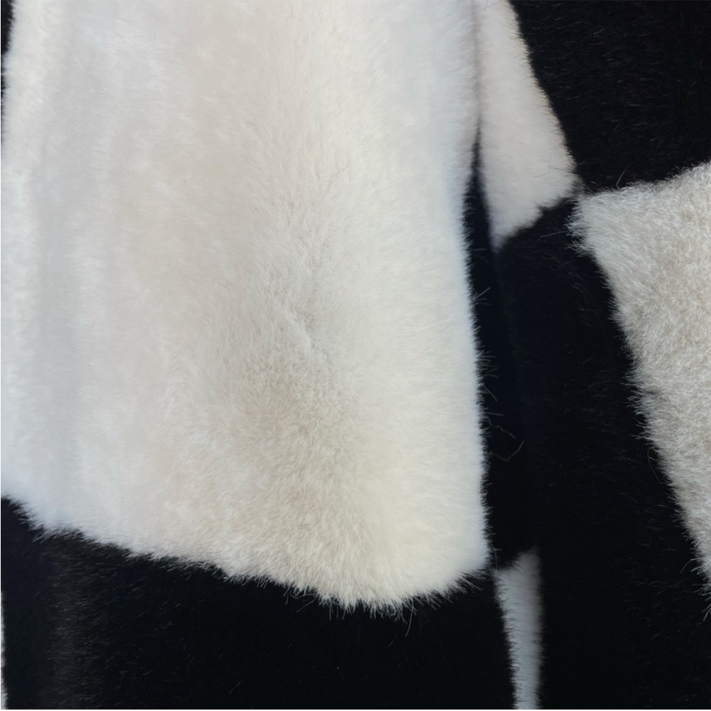 MANGO BLOGGER Black & White Checked Plush Faux Fur Coat Checkered Jacket Coat - Picture 15 of 17